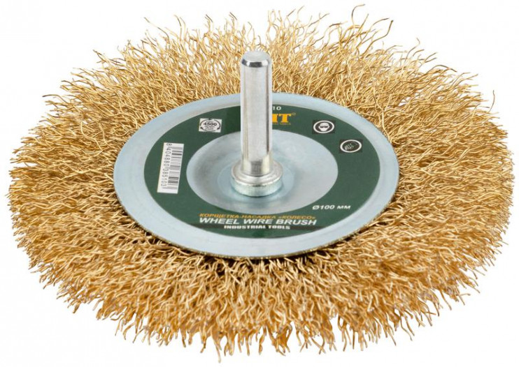 Корщетка-колесо со штифтом стальная латунированная волнистая проволока 100мм FIT 38510