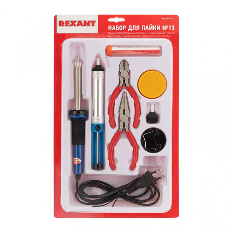 Набор для пайки №13 (паяльник 30Вт подставка губка для удаления припоя канифоль припой) Rexant 12-0166