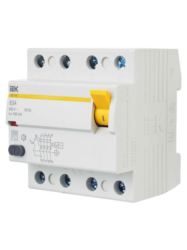Выключатель дифференциального тока (УЗО) 4п 63А 100мА тип AC ВД1-63 KARAT IEK MDV10-4-063-100