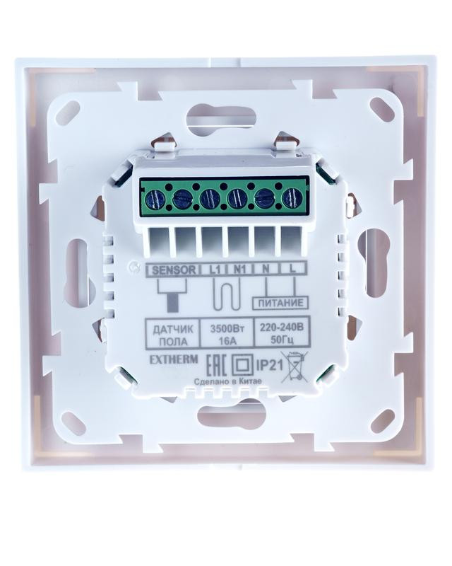 Термостат програмируемый с сенсорными кнопками и датчиком темпер. пола без расписания совместим с рамками с внутрен. размером 56х56мм Schneider Unica Exxact и Legrand Valena бел. Extherm ET-43(w)