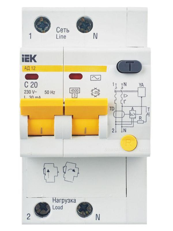 Выключатель автоматический дифференциального тока 2п C 20А 30мА тип AC 4.5кА АД-12 KARAT IEK MAD10-2-020-C-030