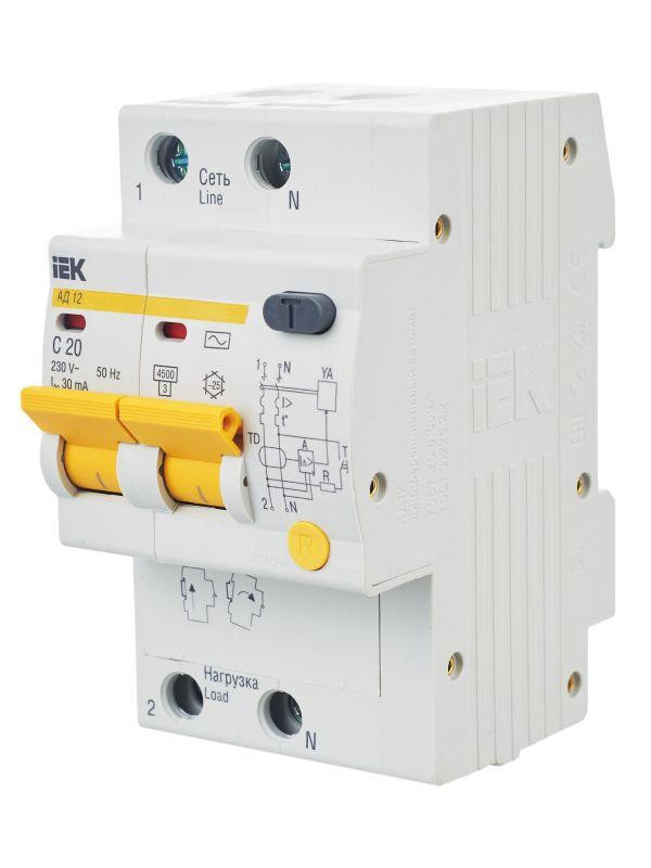Выключатель автоматический дифференциального тока 2п C 20А 30мА тип AC 4.5кА АД-12 KARAT IEK MAD10-2-020-C-030