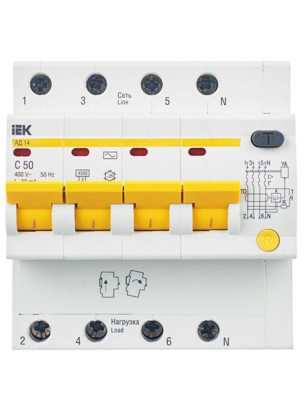 Выключатель автоматический дифференциального тока 4п C 50А 30мА тип AC 4.5кА АД-14 KARAT IEK MAD10-4-050-C-030