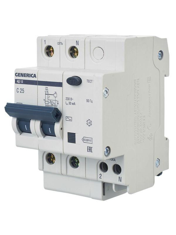 Выключатель автоматический дифференциального тока 2п 25А 30мА АД12 GENERICA MAD15-2-025-C-030