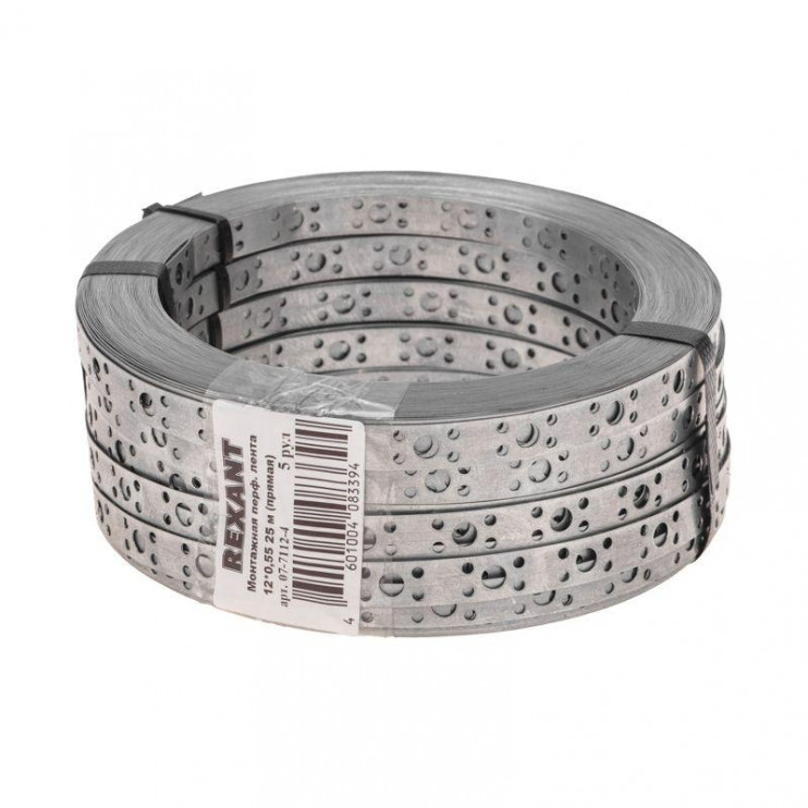 Лента монтажная перфорированная 12х0.55мм прямая полоса оцинк. (уп.25м) Rexant 07-7112-4